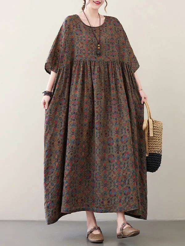 xakxx Vacation Loose Half Sleeves Floral Printed Pleated Round-Neck Midi Dresses