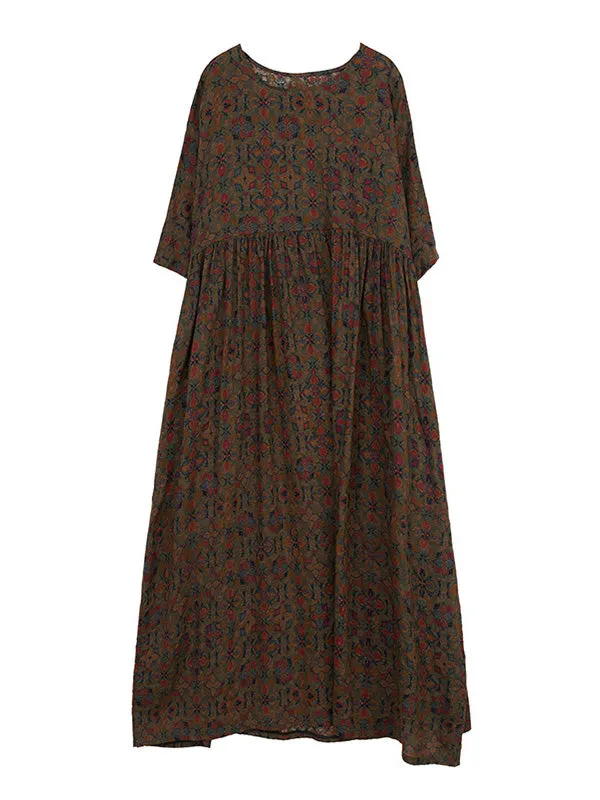 xakxx Vacation Loose Half Sleeves Floral Printed Pleated Round-Neck Midi Dresses
