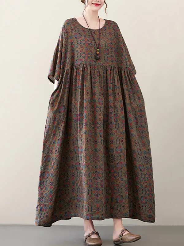 xakxx Vacation Loose Half Sleeves Floral Printed Pleated Round-Neck Midi Dresses