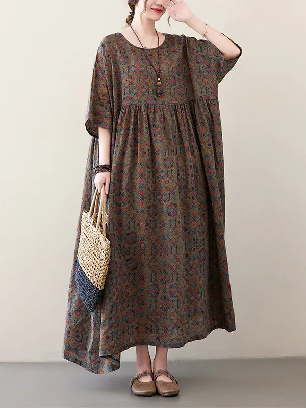 xakxx Vacation Loose Half Sleeves Floral Printed Pleated Round-Neck Midi Dresses