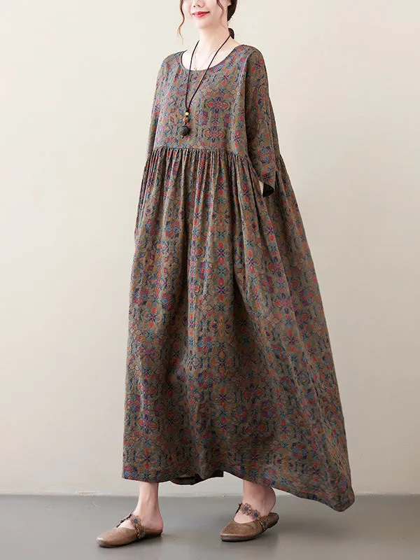xakxx Vacation Loose Half Sleeves Floral Printed Pleated Round-Neck Midi Dresses