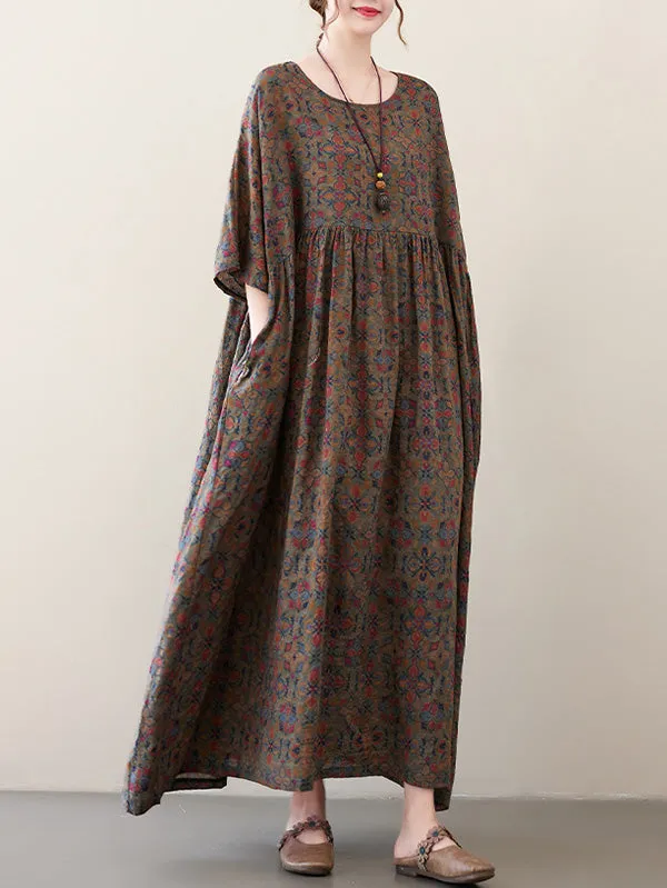 xakxx Vacation Loose Half Sleeves Floral Printed Pleated Round-Neck Midi Dresses