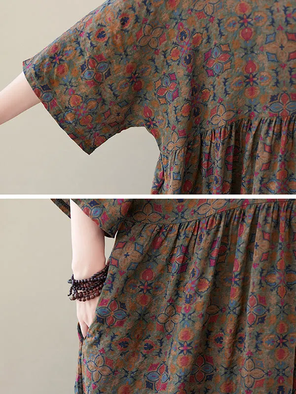 xakxx Vacation Loose Half Sleeves Floral Printed Pleated Round-Neck Midi Dresses