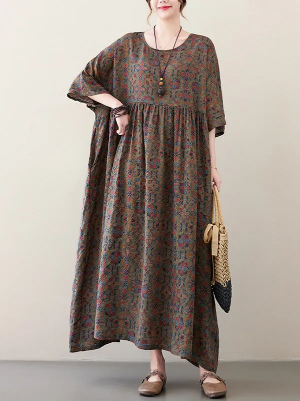 xakxx Vacation Loose Half Sleeves Floral Printed Pleated Round-Neck Midi Dresses