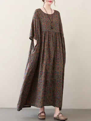 xakxx Vacation Loose Half Sleeves Floral Printed Pleated Round-Neck Midi Dresses