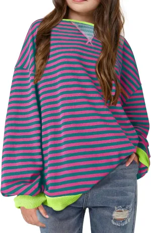ZDC Girls Oversized Sweatshirt Striped Fall Sweatshirts Crew Neck Long Sleeve Shirt Casual Loose Pullover Tops