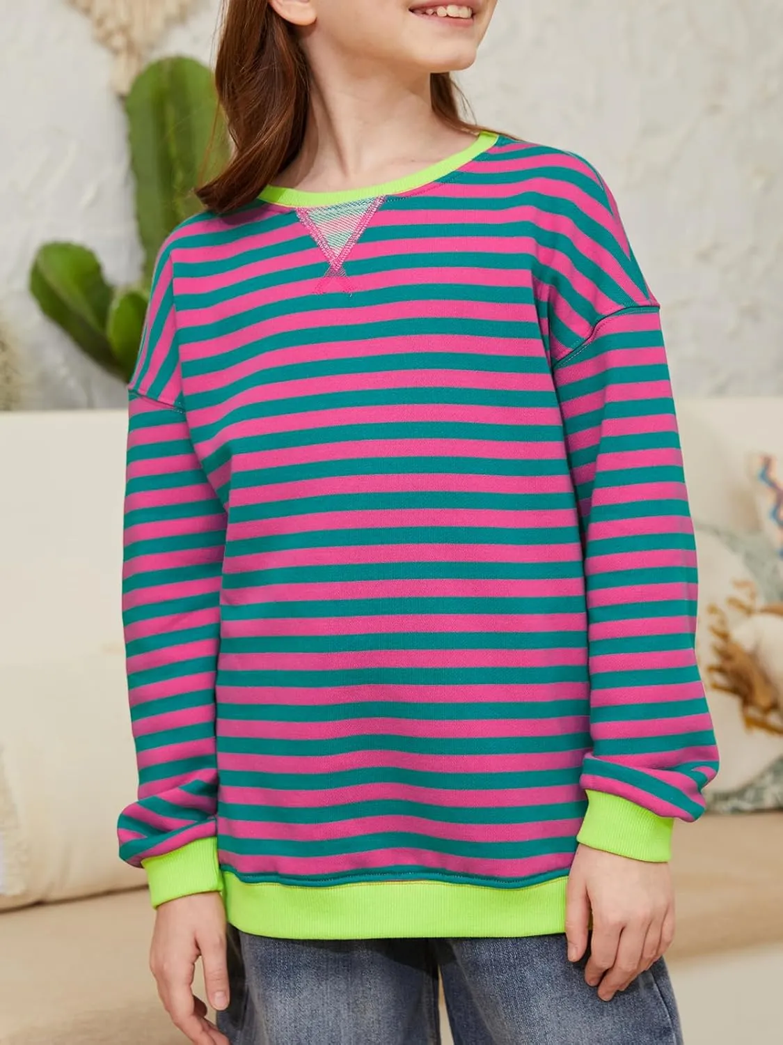 ZDC Girls Oversized Sweatshirt Striped Fall Sweatshirts Crew Neck Long Sleeve Shirt Casual Loose Pullover Tops