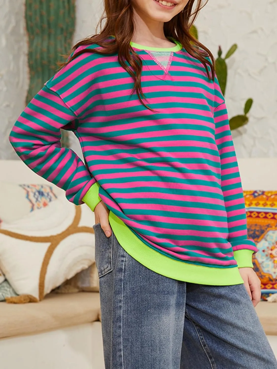 ZDC Girls Oversized Sweatshirt Striped Fall Sweatshirts Crew Neck Long Sleeve Shirt Casual Loose Pullover Tops